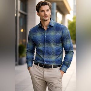 Luchiano Visconti Blue & Green Patterned Button-Down Shirt – Long Sleeve Men’s M